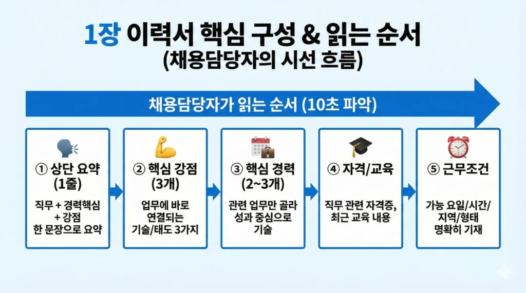 이력서 핵심 구성 및 읽는 순서 이미지.
