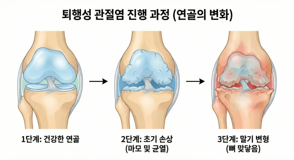 퇴행성 관절염 진행과정 그림.