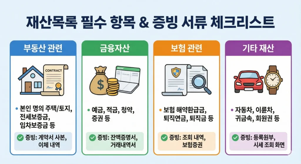 개인회생 재산목록 필수 입력 및 증빙 서류 체크리스트 이미지.