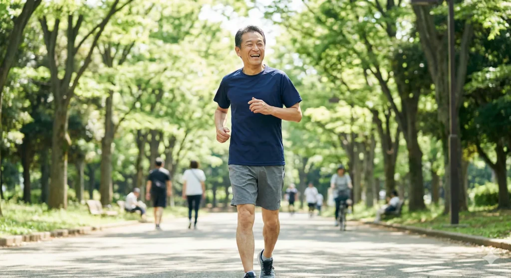 퇴행성 관절염을 극복하고 즐겁게 공원을 뛰는 시니어의 모습.