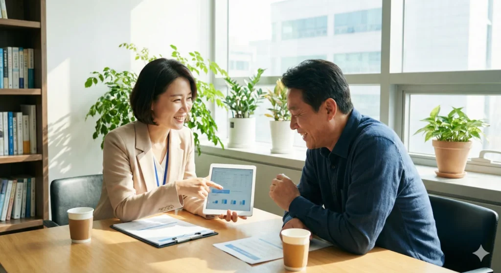 재취업 상담을 받고 있는 시니어 이미지.