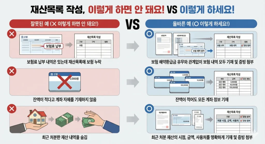 개인회생 재산목록 작성 나쁜예와 좋은예 이미지2.