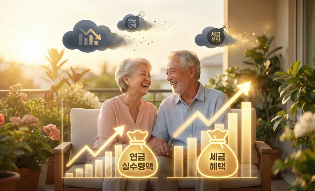 화목한 노부부와 노령연금, 퇴직연금 혜택 관련 그래픽