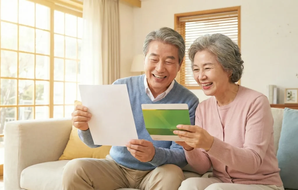 두 노년 남녀가 연금 수령액을 보고 기뻐하는 모습