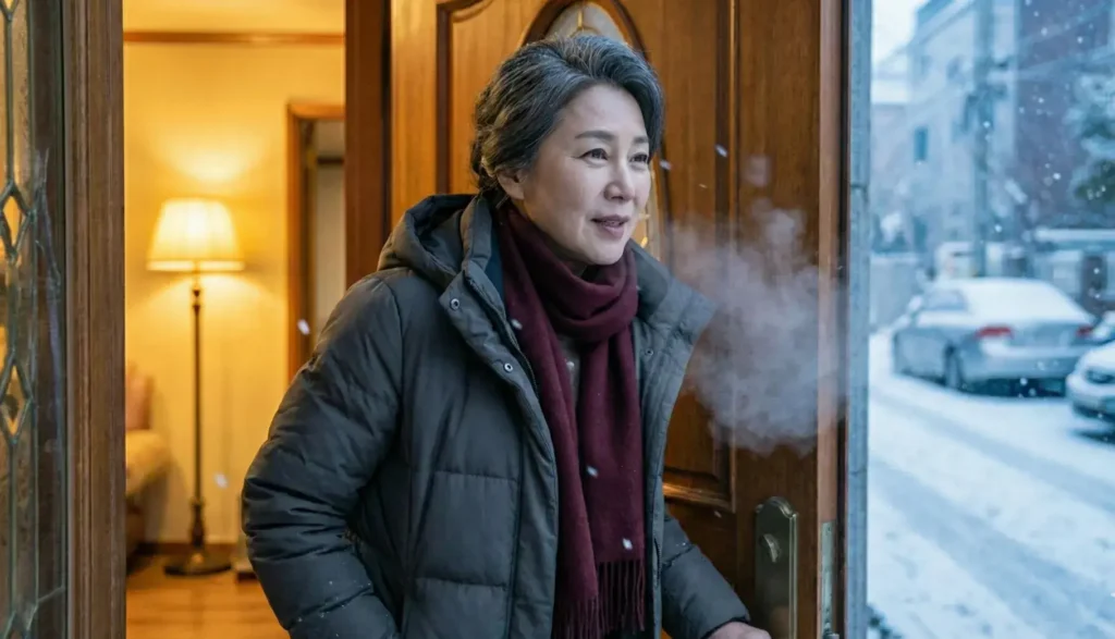 60대 여성이 따뜻한 곳에 있다가 갑자기 차가운 곳으로 나가는 장면.