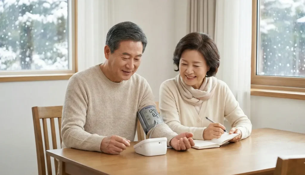 두명의 60대 남녀가 아늑한 집에서 함께 혈압을 재는 모습.